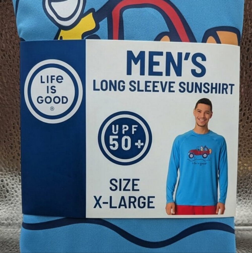 NWT Life Is Good Shirt Mens XL T-Shirt Blue UPF 50+ Jeep Long Sleeve Rash Guard